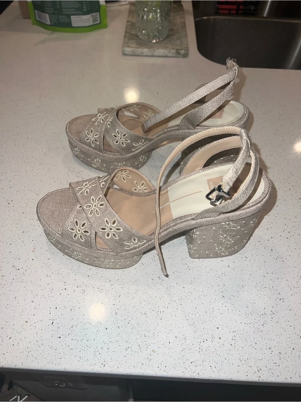 Embroidered Beige Platform Sandals with Ankle Strap - Women